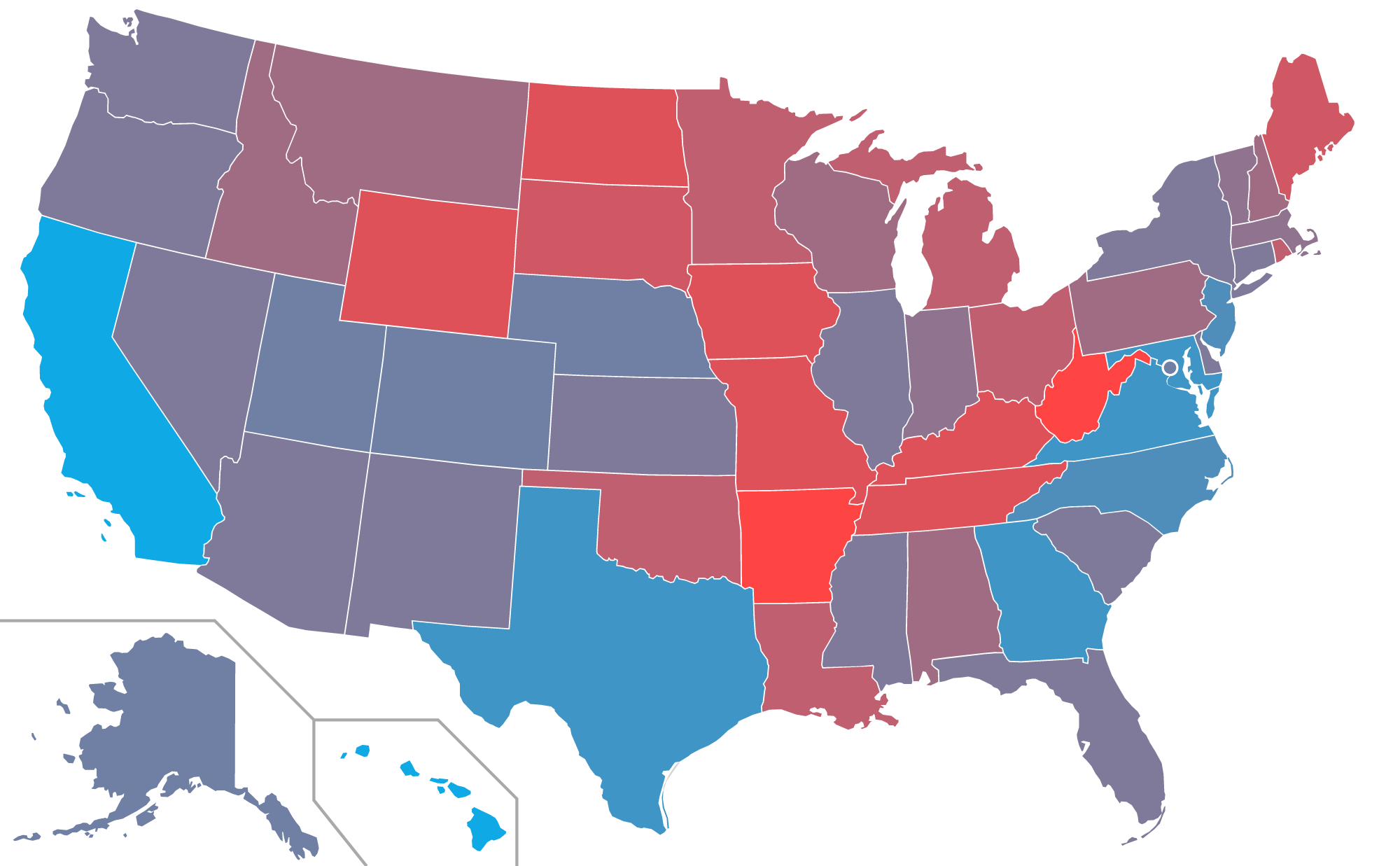 A picture of the United States with states colored by their drift over previous elections.